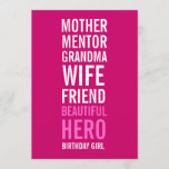 80th Birthday Party Invitation - Mom is a Hero<br><div class="desc">For your Hero's 80th Birthday Party Invitation acknowledge that some special ladies have made a big impact on their world; mother, mentor, grandma, wife, friend, hero and Birthday girl. Here's the perfect invitation to show you've noticed. Personalize it by adding the honoree's name, switch some of the words if you...</div>