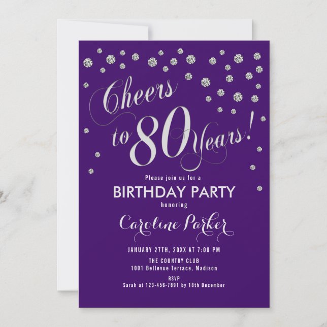 80th Birthday Party Invitation - Silver Purple (Front)
