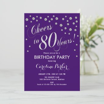 80th Birthday Party Invitation - Silver Purple | Zazzle