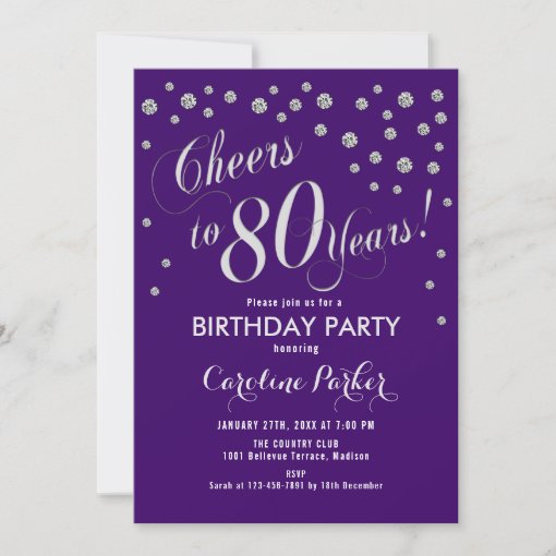 80th Birthday Party Invitation - Silver Purple 