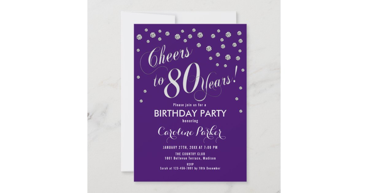 80th Birthday Party Invitation - Silver Purple | Zazzle