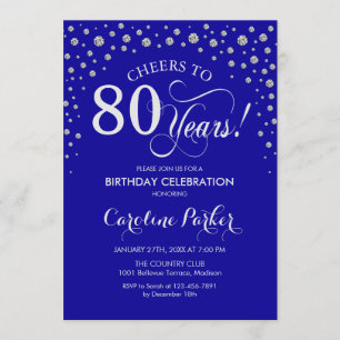 80th Birthday Party Invitation - Silver Royal Blue