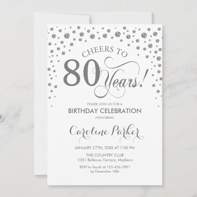80th Birthday Party Invitation - Silver White (Front)