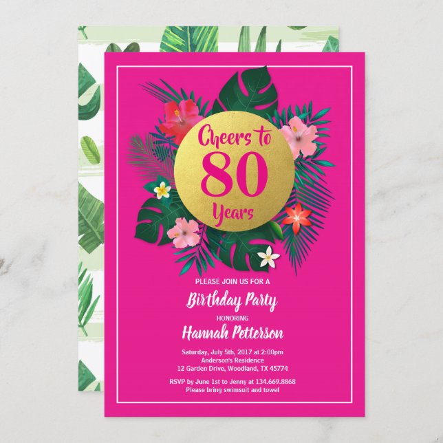 80th birthday party invitation tropical pink (Front/Back)