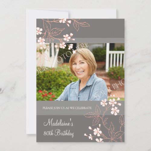 80th BIrthday Party Invitations Gray Coral Flowers