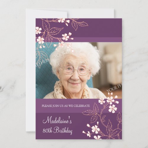 80th BIrthday Party Invitations Plum Coral Flowers