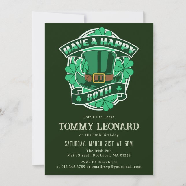 80th Birthday Party Leprechaun Hat Shamrock Irish Invitation (Front)