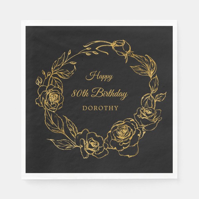 80th Birthday Party Luxe Gold Rose Black Cocktail Napkins (Front)