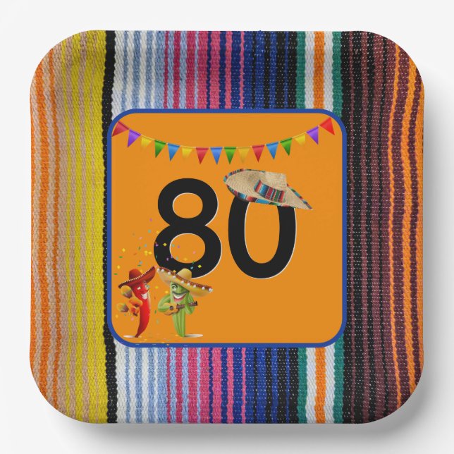 80th Birthday Party Mexican Design Paper Plates (Front)