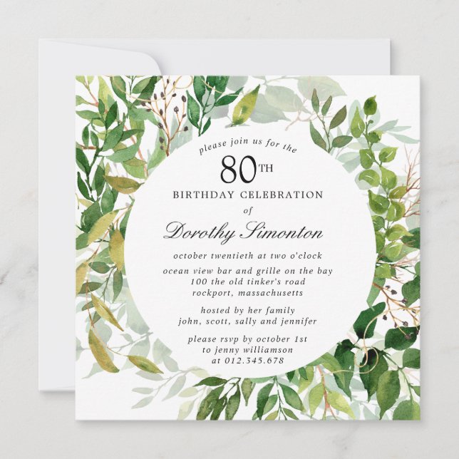 80th Birthday Party Modern Green Botanical  Invitation (Front)