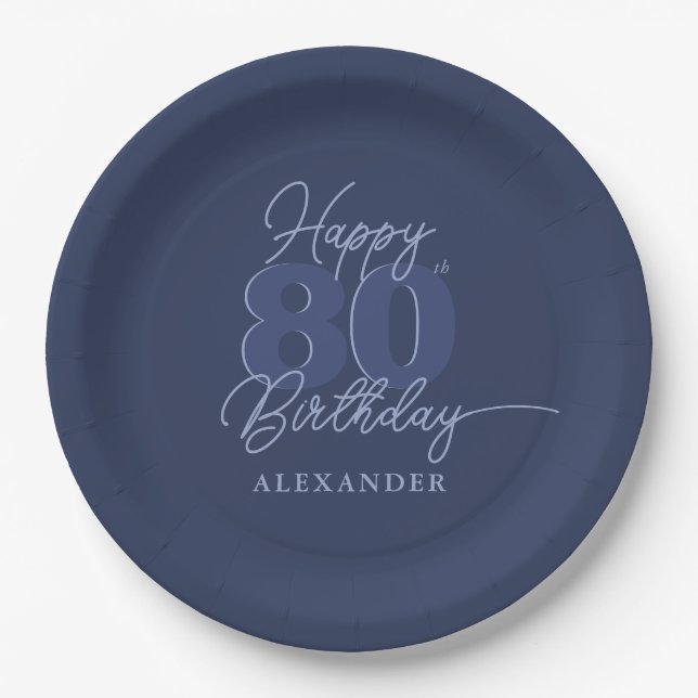 80th Birthday Party Modern Minimal Navy Paper Plates (Front)