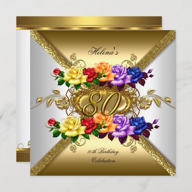80th Birthday Party Multi Color Gold Roses Invitation (Front/Back)