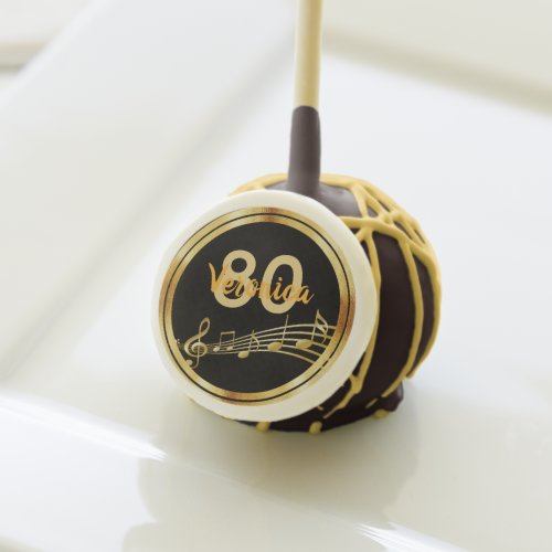 80th birthday party music notes black gold name cake pops
