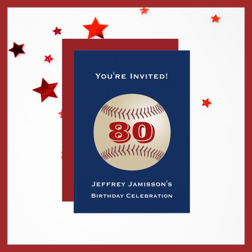 80th Birthday Party Name Baseball Blue and Red Invitation