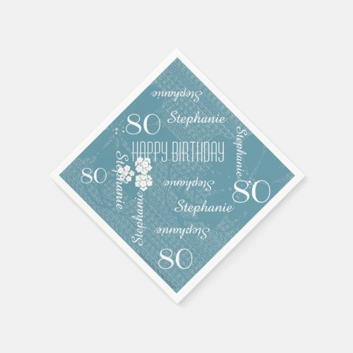 80th Birthday Party Name Pastel Blue Floral Paper Napkins