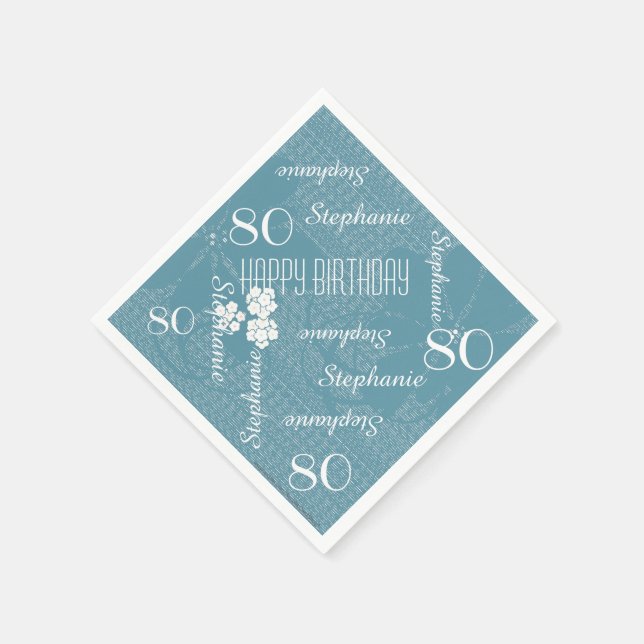 80th Birthday Party Name Pastel Blue Floral Paper Napkins (Corner)