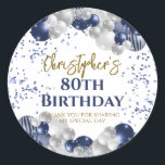 80th Birthday Party Navy Balloons Classic Round Sticker<br><div class="desc">A gorgeous 80th birthday party or celebration favor sticker. This fabulous navy blue and silver balloons design is the perfect  way to decorate your favor bags for an 80th celebration or eightieth party.</div>