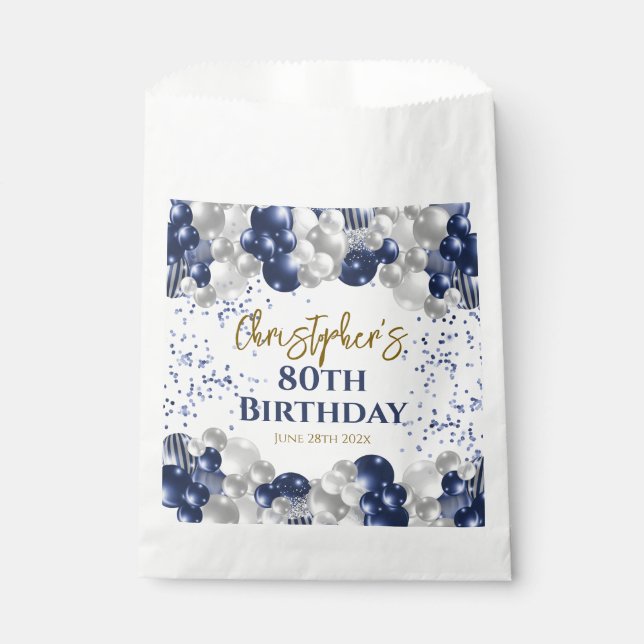 80th Birthday Party Navy Balloons Favor Bag (Front)