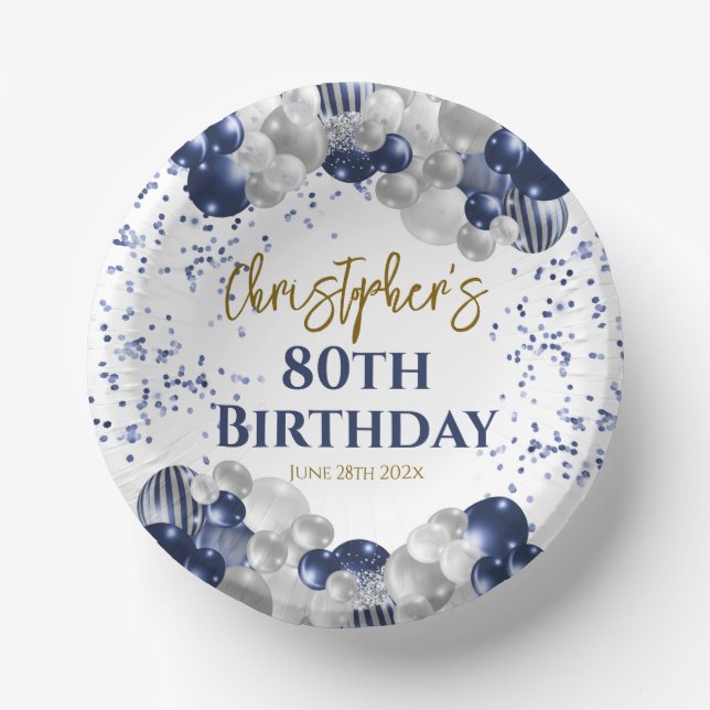 80th Birthday Party Navy Balloons Paper Bowls (Front)