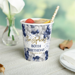 80th Birthday Party Navy Balloons Paper Cups