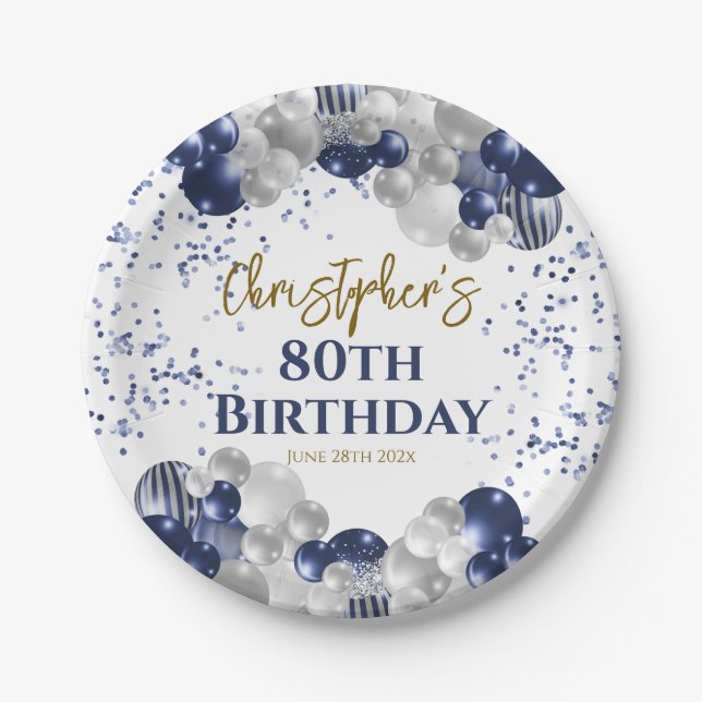80th Birthday Party Navy Balloons Paper Plates (Front)