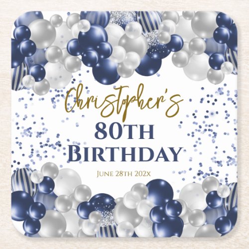 80th Birthday Party Navy Balloons Square Paper Coaster