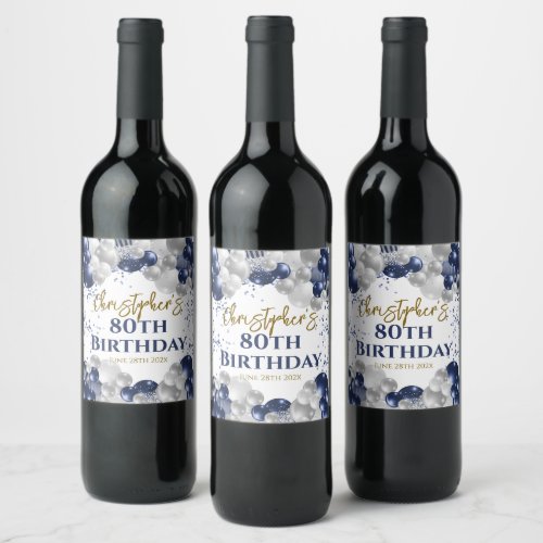 80th Birthday Party Navy Balloons Wine Label