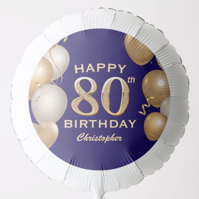 80th Birthday Party Navy Blue and Gold Balloons (Front)