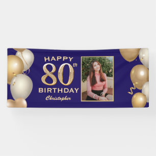80th Birthday Party Navy Blue and Gold Balloons Banner