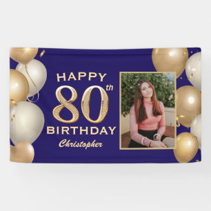 80th Birthday Party Navy Blue and Gold Balloons Banner