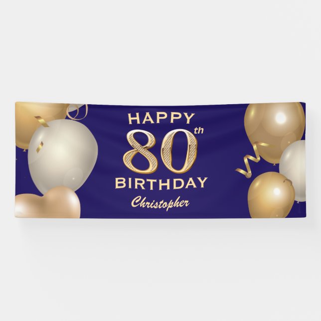 80th Birthday Party Navy Blue and Gold Balloons Banner (Horizontal)