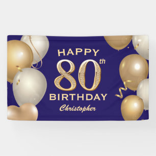 80th Birthday Party Navy Blue and Gold Balloons Banner