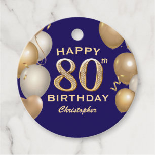 80th Birthday Party Navy Blue and Gold Balloons Favor Tags
