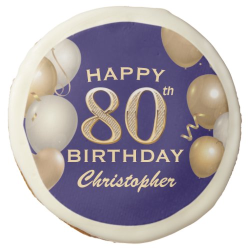 80th Birthday Party Navy Blue and Gold Balloons Sugar Cookie