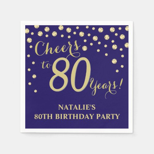 80th Birthday Party Navy Blue and Gold Diamond Napkins