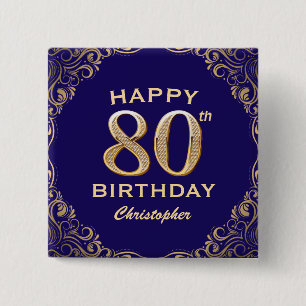 80th Birthday Party Navy Blue and Gold Glitter Button
