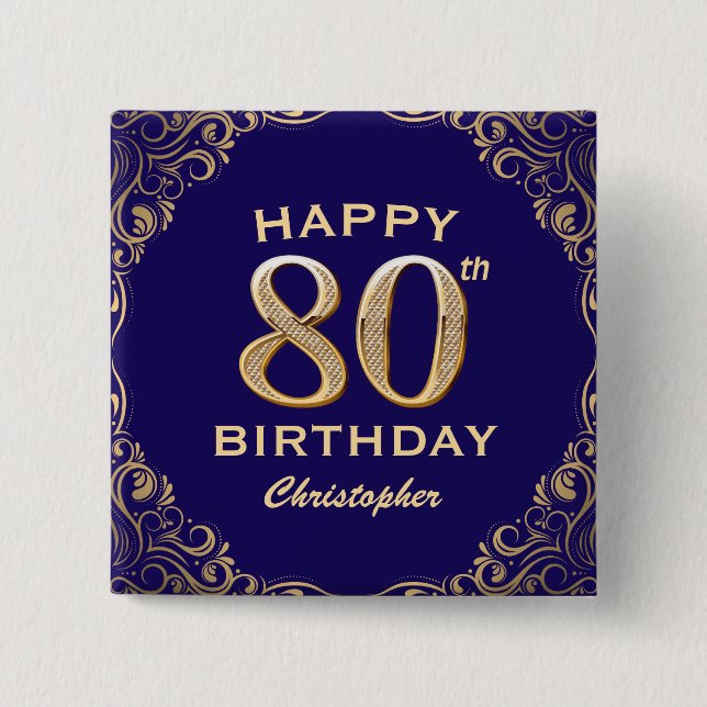 80th Birthday Party Navy Blue and Gold Glitter Button (Front)