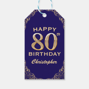 80th Birthday Party Navy Blue and Gold Glitter Gift Tags