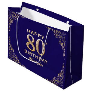 80th Birthday Party Navy Blue and Gold Glitter Large Gift Bag