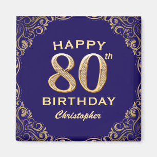 80th Birthday Party Navy Blue and Gold Glitter Magnet