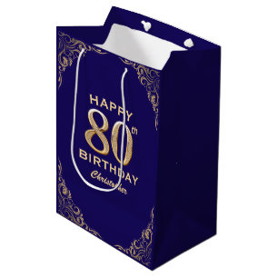 80th Birthday Party Navy Blue and Gold Glitter Medium Gift Bag