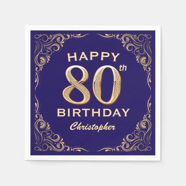 80th Birthday Party Navy Blue and Gold Glitter Napkins (Front)