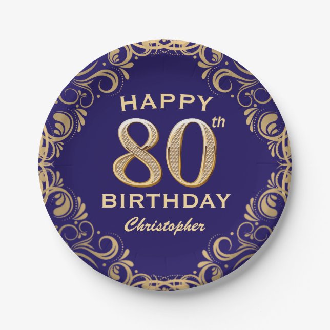 80th Birthday Party Navy Blue and Gold Glitter Paper Plates (Front)