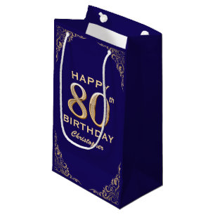 80th Birthday Party Navy Blue and Gold Glitter Small Gift Bag