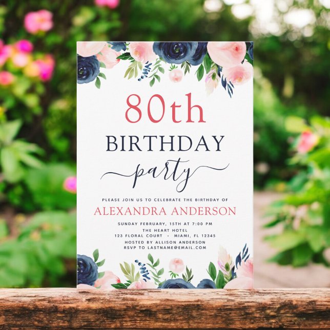 80th Birthday Party Navy Blue Blush Pink Floral Invitation (Creator Uploaded)