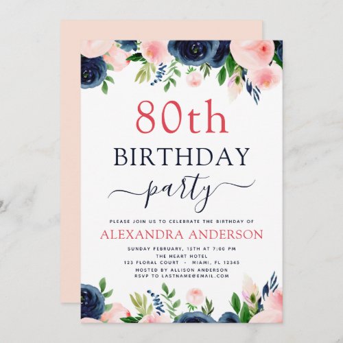 80th Birthday Party Navy Blue Blush Pink Floral Invitation