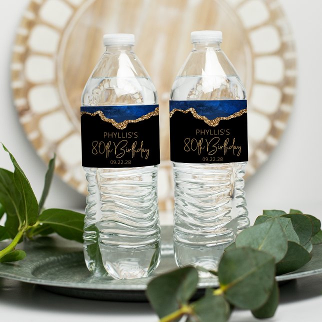 80th Birthday Party Navy Blue Gold Agate Water Bottle Label (Creator Uploaded)