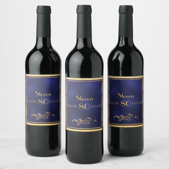 80th birthday party Navy blue gold name  Wine Label (Bottles)