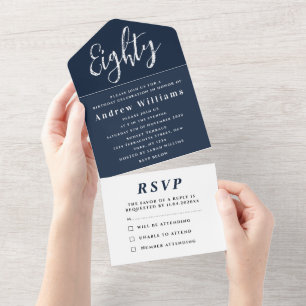 80th Birthday Party Navy Blue Simple Modern All In One Invitation