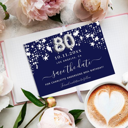  80th birthday party navy blue white stars  save the date